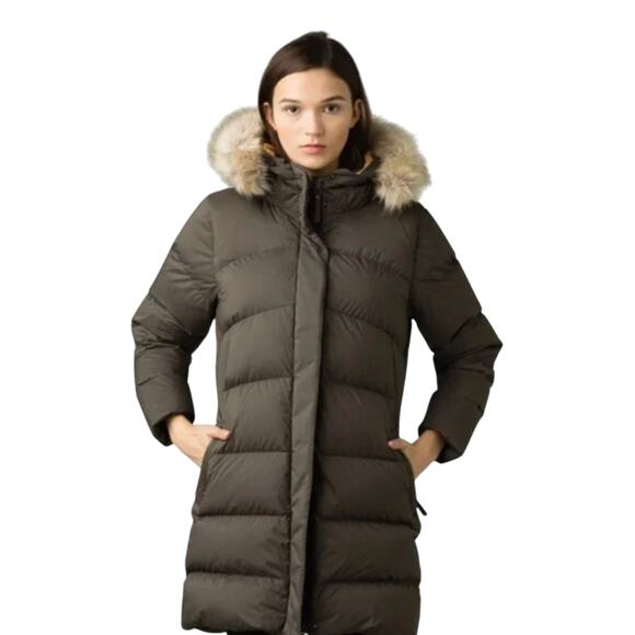 Prana Kromata Long Down Jacket Women's Faux Fur Hood Sz Small Black Olive - Picture 1 of 4